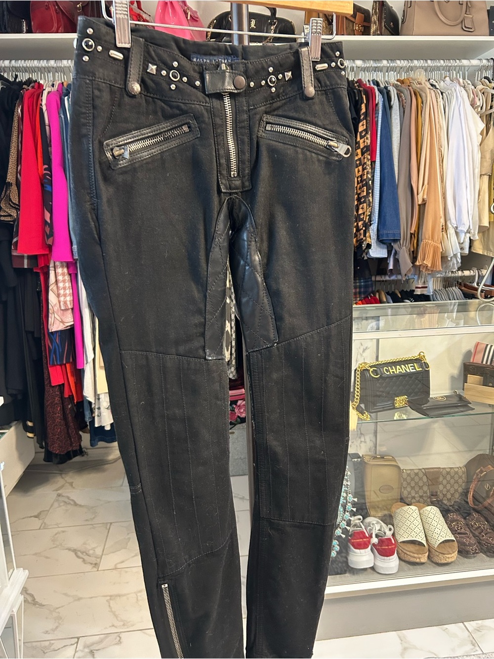 Ralph Lauren black studded waist leather inner leg moto-style skinny jeans